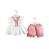 FEVON　セットアップ　ベビー服　女の子　Tシャツ+ショートパンツ　夏　上下2点セット　トップス　ブラウス　半袖　赤ちゃん　新生児　女児　フリル　リボン付き　可愛い　短パン　ショーパン　ボトムス　無