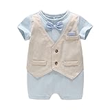 ALLAIBB ベビー服 偽2点セット ベスト ロンパース カバーオール フォーマル 男の子 夏 半袖 前開き 蝶ネクタイ 披露宴 お祝い カーキ 18-24M