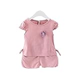 女の子の服 夏 上下セット Pojour 1-6歳キッズ用 子供かわいい無地Ｔシャツ 綿麻 通気 ピンク(90cm)