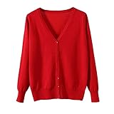 [Blostirno] Vネックカーディガン レディース 長袖 ニット 無地 きれいめ レッド（JK0822red-m）