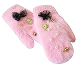 女性のミトン暖かい素敵な手袋ビーズの装飾冬の手袋、ピンク