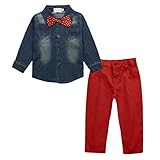 【ノーブランド品】子供　男の子　紳士　フォーマル　Tシャツ　トップス　+　パンツ　セット　デニム　衣装　かっこいい　ボウタイ付き　全6サイズ - 6