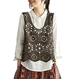 Qian qian ベスト レディース かぎ針編み レース編み 透かし編み Vネック チョッキ ヒッピー ボヘミアン フローラル レーストリム ベストノースリーブ 花柄 トップス 透かし 編み風 着瘦せ 通気 通勤 (コーヒー)