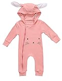 Happyハッピー耳　ベビー　女の子　男の子　長袖　猫耳　フード付き　ロンパース　かわいい　カバーオール　シンプル　 (60, ピンク)