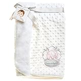 Popcorn Baby Blanket w/ Applique (White w/ Pink Elephant) by Blankets and Beyond