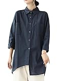 [MMTYRM] シャツ レディース トップス アシンメトリー リネンシャツ ゆったり 無地 チュニック ポロネック 長袖 シャツ ブラウス ゆったり ロング オフィス 通勤 ブルー-XXXXL