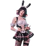 [KORURACLUB] バニーメイドコスチューム（6点セット） ブラック高級PUレザー セクシーランジェリー 女性用 バニーメイド風コスプレ衣装 仮装 ハロウィン メイド風衣装 セクシーバニー衣装 (ピンク, S)
