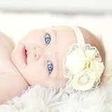 サテンローズ レースヘアバンド パール ホワイト/アイボリー 新生児 ベビー (アイボリー)