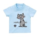 BabyChips ふりむき猫(グレー)(名入れ半袖ベビーTシャツ) 140 ライトブルー