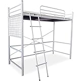 極太パイプ 2段階 高さ調節可能 ネット ハシゴ左右付け替え可能 フック付き シングル ロフトベッド パイプベッド ホワイト