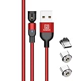 DAIAD USB A to Type-C マグネット式 充電ケーブル 1PIN 充電専用 着脱式 LED付き 防塵キャップ 首振り L字 360度回転 ナイロン編組 端子3個セット 1m (レッド)