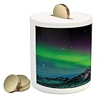 Aurora BorealisコインボックスBank by Ambesonne、南アイスランドon Sky Over Rocky Hills Wild Night View、印刷セラミックコイン銀行お