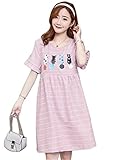 [ジャンーウェ] レディース マタニティ ワンピース 授乳服 授乳口 綿麻 カジュアル 猫柄 大きいサイズ お出かけ ショルダーオフ ピンクM
