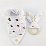 Mamimami Home ベビー ビブ 三角 よだれかけ 100% コットン + おしゃぶり 木製リング ウサギの耳 よだれかけ サイズ調整可能 2枚/ゼント