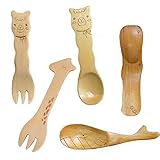 Miraclekoo Cute Wooden Animal Cutlery Set / Wooden Spoon and Fork for Children / Baby 4.5 Inches, Se