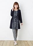 前開きマタニティ　パジャマ　長袖ギンガム×レイヤード風 /春〜春夏　スムース　マタニティ　パジャマ/授乳口付きマタニティ パジャマ 前開き 入院にもオススメ。長袖・ロング丈 (M, 紺)