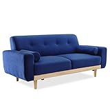 LOWYA （ロウヤ） ソファ 2.5人掛け 天然木脚 パイン材 木製フレーム クッション付 くるみボタン ファブリック ナチュラルカラー脚 ネイビー おしゃれ