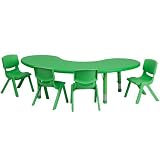 Flash Furniture 35" by 65" Adjustabe Haf-Moon Green Pastic Activity Tabe Set with 4 Schoo Stack Chai