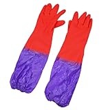 uxcell ラテックス手袋　腕カバー付　保護　クリーン　洗浄作業　フルフィンガー　ロング　レッド　パープル　ペア入り