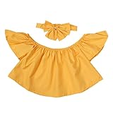 Domybest　ベビー服　子供服　女の子　トップス+ヘアバンド　2点セット　Tシャツ　ブラウス　オフショルダー　女の子　ガールズ　 春　夏　秋　通園 日常着　お出かけ　 カジュアル (110（3-4