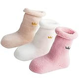 キッズ可愛いソックス　子供ハイ靴下　赤ちゃんフットカバー　男女の子　結婚式運動会入学式　暖かい柔らかい　厚い綿　ホワイトｘピンクｘベージュ　0-6ヶ月に適用　秋冬春　3足セット