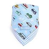 赤ちゃんにやさしい安心スタイ・ビブ・よだれかけ（ハンカチ・日本製）　バンダナ　コットン100％　吸水　吸湿　お出かけ　アクセル全開はたらく車（スケアー地・ライトブルー） B0403600 日本製