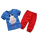 PANCY 子供服 春夏 半袖 Ｔシャツ パンツ 七分丈 キッズ 上下セット 綿100% 男の子 女の子 かわいい プリント (ブルー カモメ柄,90cm)