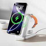iVANKY Qi2認証 4in1 充電器 ワイヤレス充電ステーション MagSafe マグネット Wireless Charging Station 用ナイトランプ付き ポータブル トラベルスタンド マグセーフ 3in1 急速充電 iPhone 16/15/14/12/11 Pro Max 用, Apple Watch用, Airpods用 (ホワイト, 電源アダプターなし)