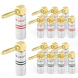 Nakamichi Excel シリーズ 24K 金メッキ Banana Plugs バナナ プラグ 12 AWG - 18 AWG ゲージ サイズ 4 mm スピーカー アンプ Hi-Fi AV ステレオ ホームシアター オーディオ ワイヤー ケーブル スクリュー コネクター 16個（8ペア）, 直角プラグ