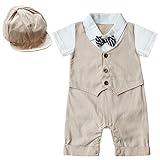 （アイム）iiniim　男児紳士ネクタイロンパース帽子付きベビー服 　タキシード半袖カバーオール　カバーオール蝶ネクタイ 　誕生日　ベビーフォーマル服　男児スーツ　ボディースーツ一体式 カーキ 95