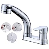 weixiaoba 洗面台蛇口 2穴 浴室用水栓 スプレー 引き出し式 洗面台 水栓、高さ調節可能 2つのスプレーモード付き 360°回転ノズル 洗面水栓 クローム、温水・冷水ホース付き 蛇口 洗面台 シャワー 混合栓