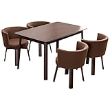 【お洒落な家カフェスタイル ダイニグ5点セット】 丸みを帯びたクッションチェアー(座面9cm厚) 360度回転椅子 半円形背もたれ ガタツキ防止付きダイニングテーブル 130cm幅 安全な角丸加工 4人掛け食卓セット (布ブラウン色)