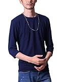 [フテラ] メンズ シャツ カットソー Tシャツ ロンＴクルーネック 丸首 Vネック 長袖 7分袖 半袖 無地 シンプル スリム ネイビー(7分袖/丸首) XL