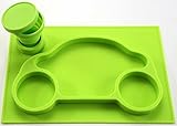 One-Piece Silicone Placemat + Plate Car + Collapsible Cup + Cup Holder (Green) for Baby and Toddler 