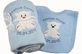 TinyGemz Personalised New Baby Boy's Bear Birth Christening Blanket & Bib Gift Any Text! - Baby Blue