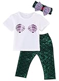 CANIS ベビー　赤ちゃん　女の子　男の子　貝殻プリント　Ｔシャツ＆箔押しパンツ　蝶結び頭飾り付き　ティアラ　人魚　三点セット　グリーン　夏　春　０－２４ヶ月 (100)