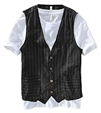 [Harpie.J] ベスト メンズ リネンベスト 春 夏 袖なし ストライプ ジレ ノースリーブ 大きいサイズ 亜麻 トップス 薄手 カジュアル ナチュラル風 ビジネス おしゃれ Vネック 麻 ベスト 細身 通気 吸汗 普段着#728-A(ブラック,M)
