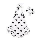 ベビー服　カバーオール　可愛い　ハートプリント　女の子　ヘアバンド付き　ホルターネック　バックレス　赤ちゃん　幼児　新生児 (S)