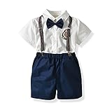 エルフ ベビー(Fairy Baby) 子供フォーマルスーツ 男の子 半袖シャツ 半ズボン サスペンダー 蝶ネクタイ4点セット 結婚式 size 110 (ホワイト+紺色)