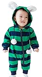 (コ-ランド) Co-land ベビー服 ロンパース 赤ちゃん カバーオール 新生児 長袖 フード 耳付き ボーダー柄 ポンポン 着ぐるみ 男の子 秋冬防寒 出産祝い 可愛い グリーン 80