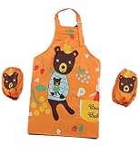 (ヤヌーク・ゴラ）エプロン キッズ 子供用 防水 腕カバー 付 幼稚園 保育園 給食 絵画 工作 撥水 (オレンジ くま 親子)