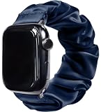 [COCOSILK] 睡眠 用 アップルウォッチ バンド レディース se 40mm 44mm 45mm 対応 シルク100％ apple watch ベルト ゴム 伸縮 シュシュ おしゃれ かわいい (シュシュ-38/40/41-12cm, ネイビー)