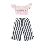 Aliciga 子供服 女の子 新生児 クロックトップ + ワイドパンツ オフショルダー フリル ベビー服 ストライプ 上下 二点セット ゆったり お嬢系 ロングパンツ かわいい ファッション 人気 