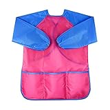 Zhaozhe食事エプロン 防水 幼稚園 女の子 男の子 長袖 エプロン 絵画 粘土/砂場遊び 3つのポケット付き (ローズレッド)