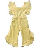 子供服 夏 フリル ロンパース ベルベット 半袖 ジャンプスーツ ハレムパンツ ちょう結び ロングパンツ カバーオール (イエロー, 90)