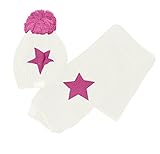 Plus Nao(プラスナオ) 子供用 ニット帽 ボンボン付き スター模様 マフラー付き ニットキャップ ベビー キッズ 男の子 女の子 冬帽子 - ホワイト