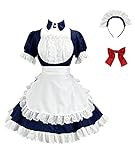 [FULINE] メイド服 コスプレ コンカフェ メイド エプロン ショート丈 メイドコスチューム 仮装 レディース メンズ セット 一式 こすぷれ イベント パーティー 大人 女装 ハロウィン 学園祭 撮影 ネイビー 2XL