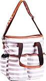 トレンディストライプDiaperバッグ(ホワイト&ブラウン) – 多目的赤ちゃんトートバッグ – Secure zippers-closedポケット – 調節可能な肩ストラップベビートラベルバッグ –