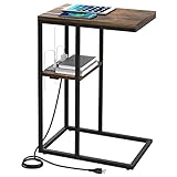 Yoobure C型エンドテーブル 充電ステーション付き リビングルーム用小型サイドテーブル 寝室用ソファテーブル 小さなスペース用USBポートとコンセント付き Cソファテーブル 素朴なスナックテーブル ベッドサイドテーブル