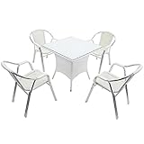 人工ラタンチェア4脚 四角テーブル1台 5点セット 強化ガラス ホワイト 籐 肘掛けカバー付 家具 ファニチャー インテリア スタッキングチェア リビング chair 椅子 南国 アジアン バリ風 リ